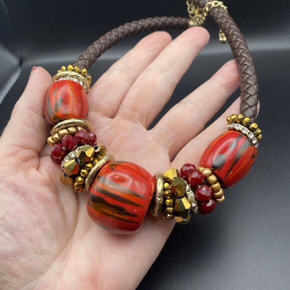 Chunky Choker Necklace Red Brown Copper Beads Glamour Braided Leather 17-20" - Picture 7 of 8